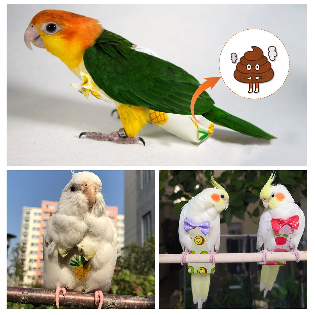 Parrot Diaper with Bowtie Cute Colorful Fruit Floral Cockatiel Pigeons Small Medium Large Pet Birds Flight Suit Clothes Washable