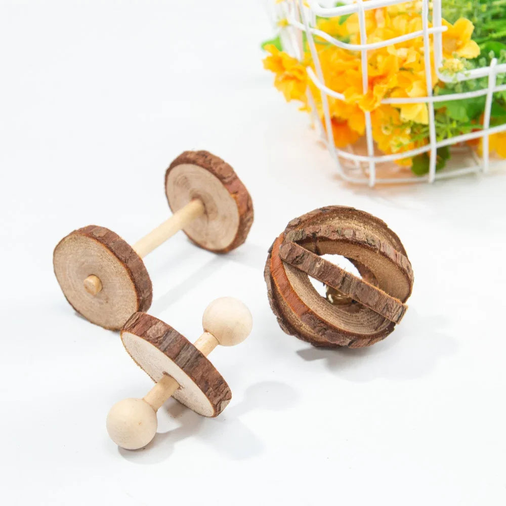 Cute Rabbit Roller Toys Natural Wooden Pine Dumbells Unicycle Bell Chew Toys for Guinea Pigs Rat Small Pet Molars Supplies
