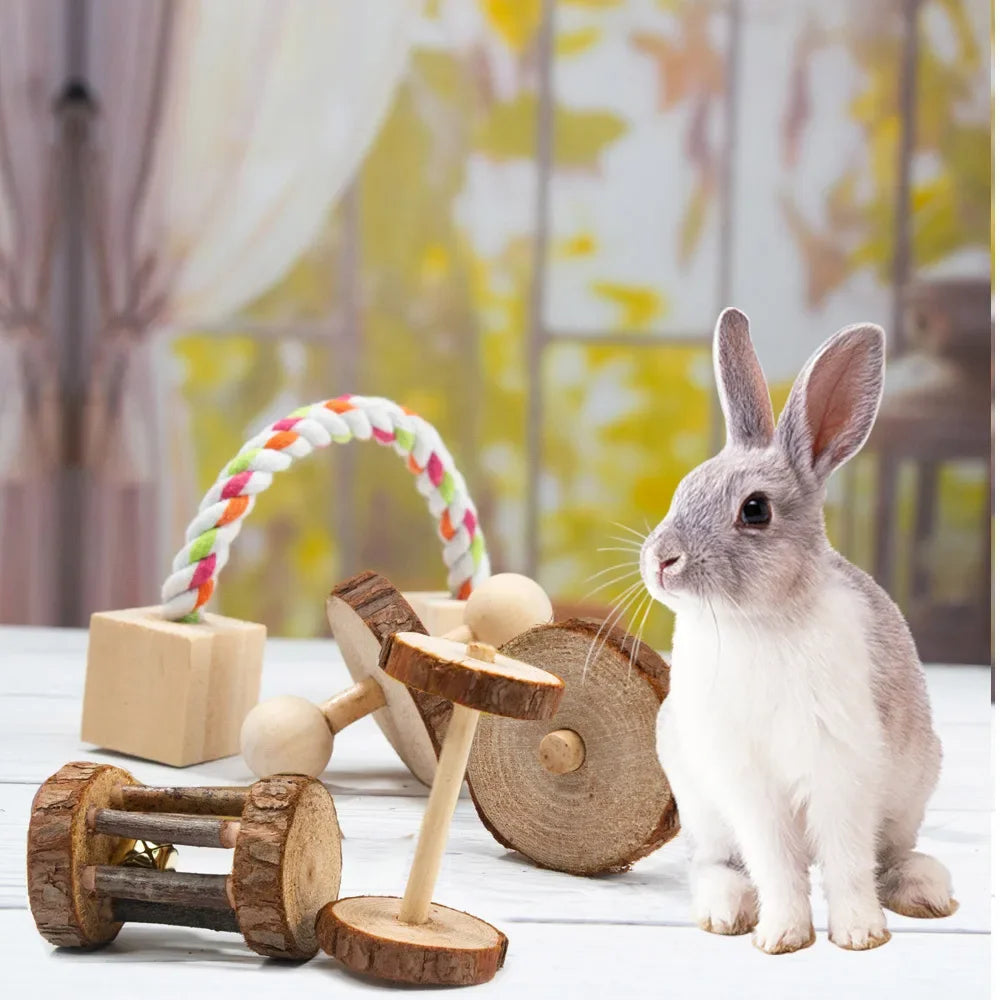 Cute Rabbit Roller Toys Natural Wooden Pine Dumbells Unicycle Bell Chew Toys for Guinea Pigs Rat Small Pet Molars Supplies