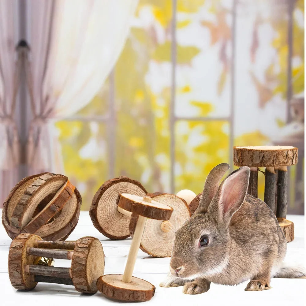 Cute Rabbit Roller Toys Natural Wooden Pine Dumbells Unicycle Bell Chew Toys for Guinea Pigs Rat Small Pet Molars Supplies