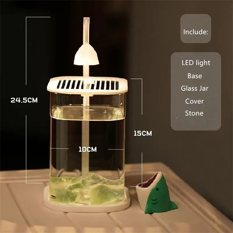 Mini Desktop Glass Aquarium Fish Tank with LED Light For Kids Betta Fish