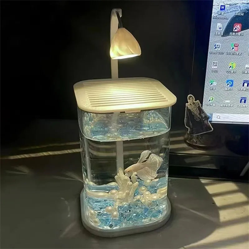 Mini Desktop Glass Aquarium Fish Tank with LED Light For Kids Betta Fish