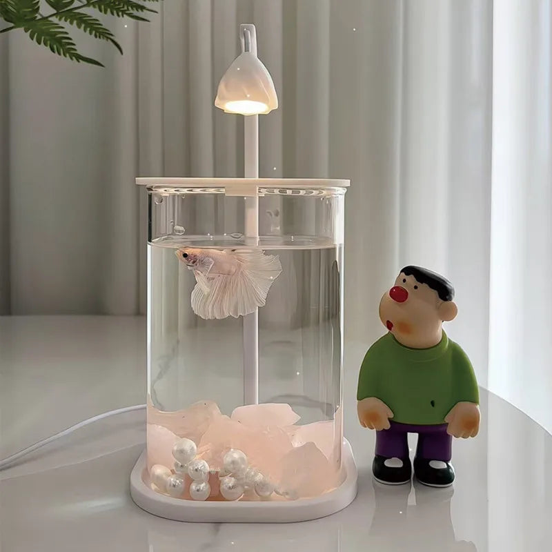 Mini Desktop Glass Aquarium Fish Tank with LED Light For Kids Betta Fish